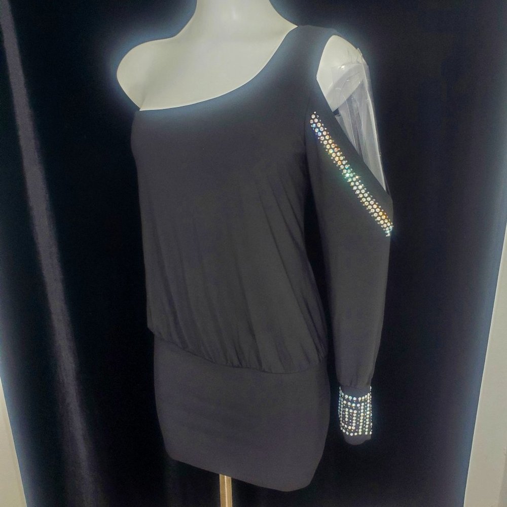 Deb Black 1 Open Shoulder Sleeve Cocktail Dress, Jeweled Sleeve & Cuff Size Med.